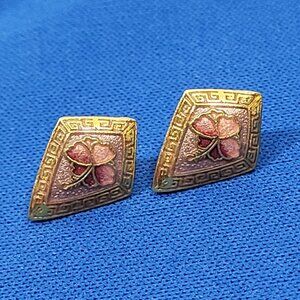 Gold Tone Clover Stud Earrings With Enamel Inlay & Greek Key Border Vintage‎